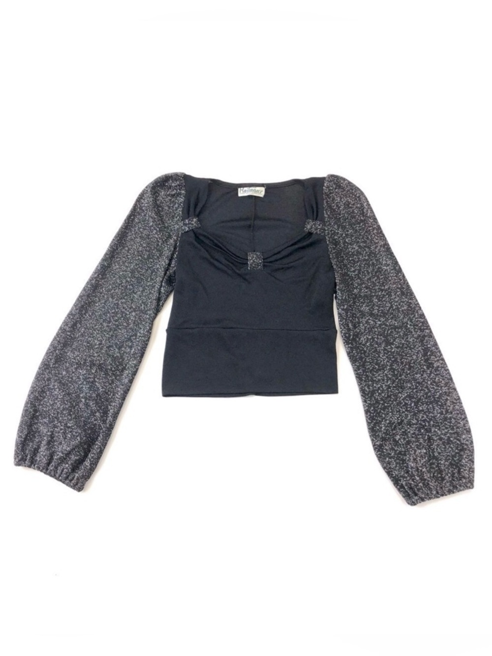 Vintage 70s Reitmans silver black sparkle puff sleeve party top XS